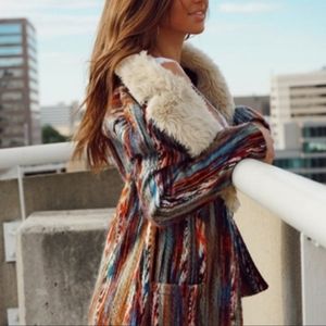 MINKPINK Multicolor Striped Knit Coat with Cream Faux-Fur Collar